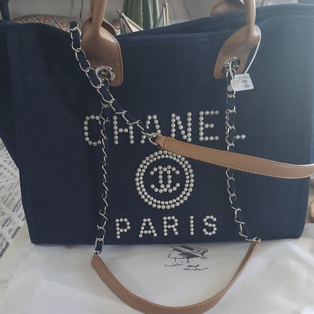 Paris Navy Pearl-Embellished beauty Tote Bag